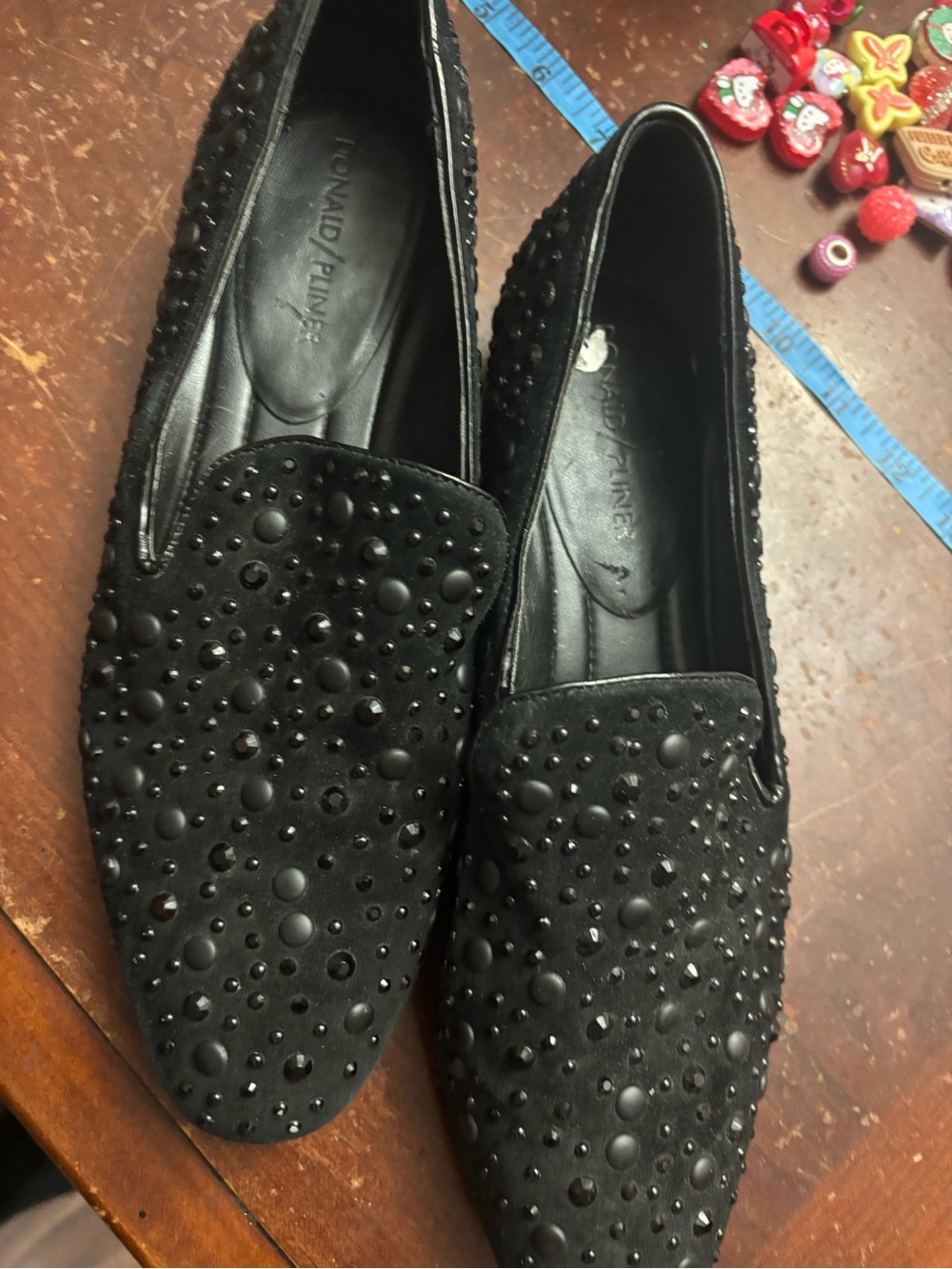 Donald pliner black velvet 7.5 flat mules slip in designer shoes comfort office